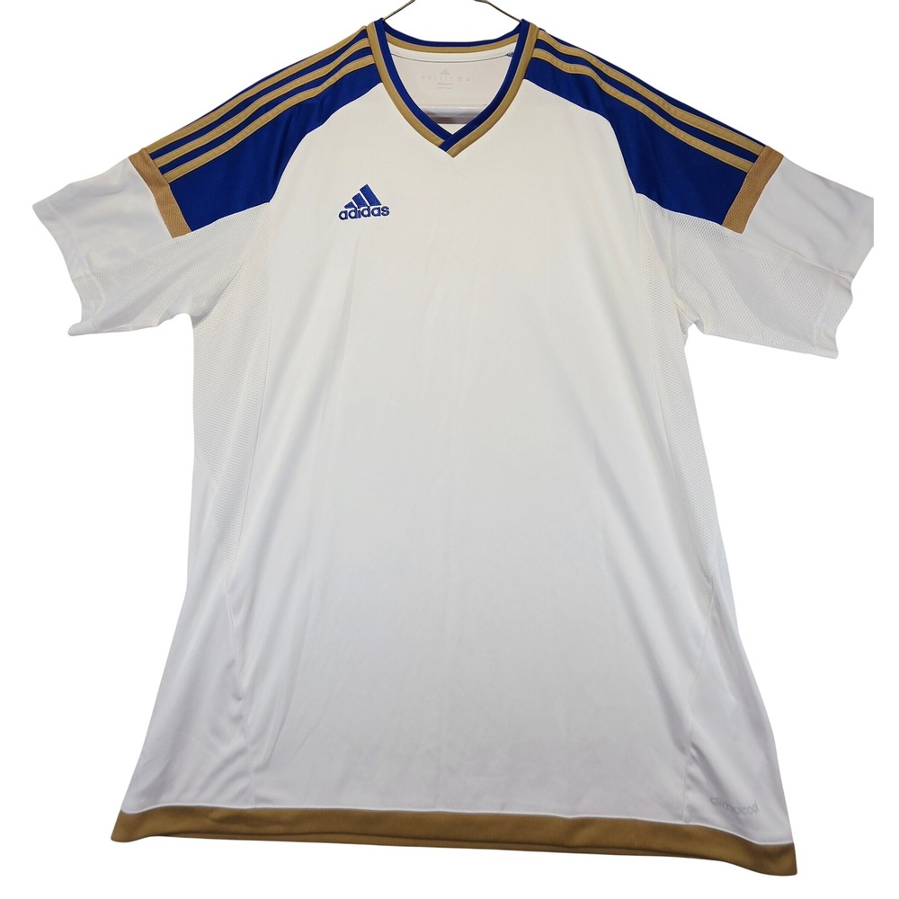 Adidas Climacool Soccer Jersey Mens Large White Blue Gold V-Neck Training Shirt